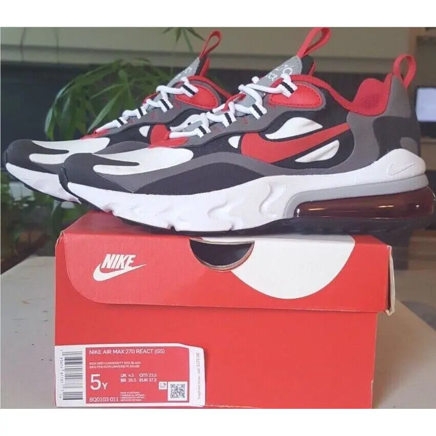 Nike Air Max 270 React Iron Grey Red Black Shoes Sz 5Y/Women 6.5 BQ0103-011