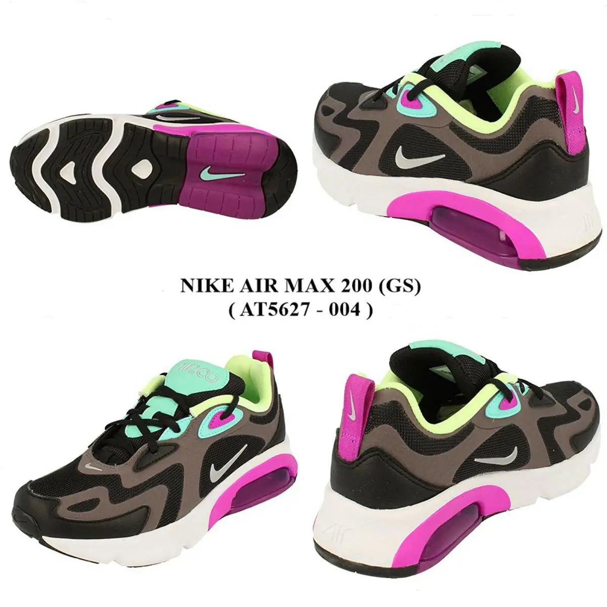 Nike Air Max 200 GS AT5627 - 004 Women`s Running/casual Shoes. NO Lid - BLACK/METALLIC SILVER
