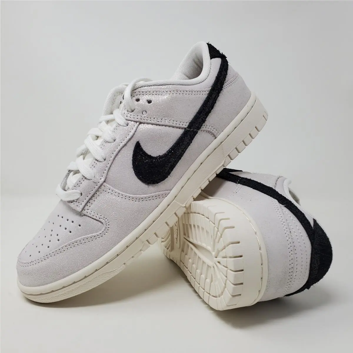 Dunk Low SE White Glittery Suede Black Women`s Size 10 HQ3502-100 by Nike