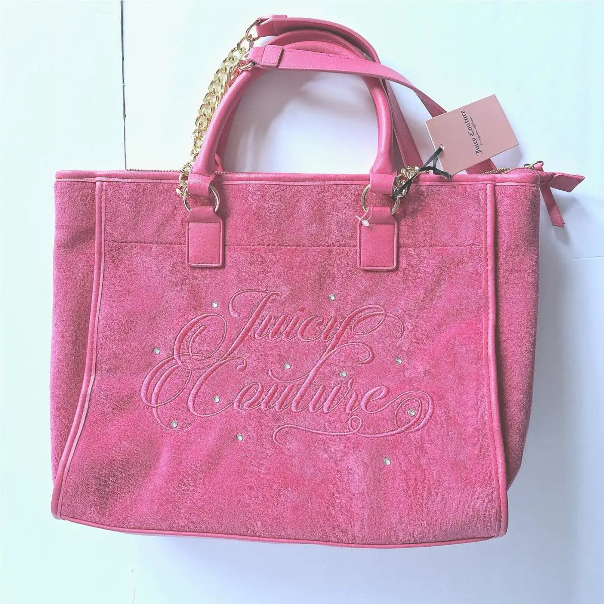 Juicy Couture Hot Pink Flash Beach Tote Large 14 x 12 x 4.5 Rhinestones