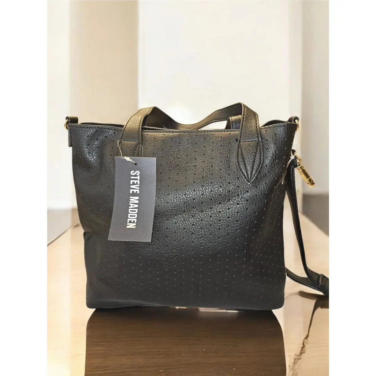 Steve Madden Black Perforated Tote Bag with Detachable Strap Gold Accents