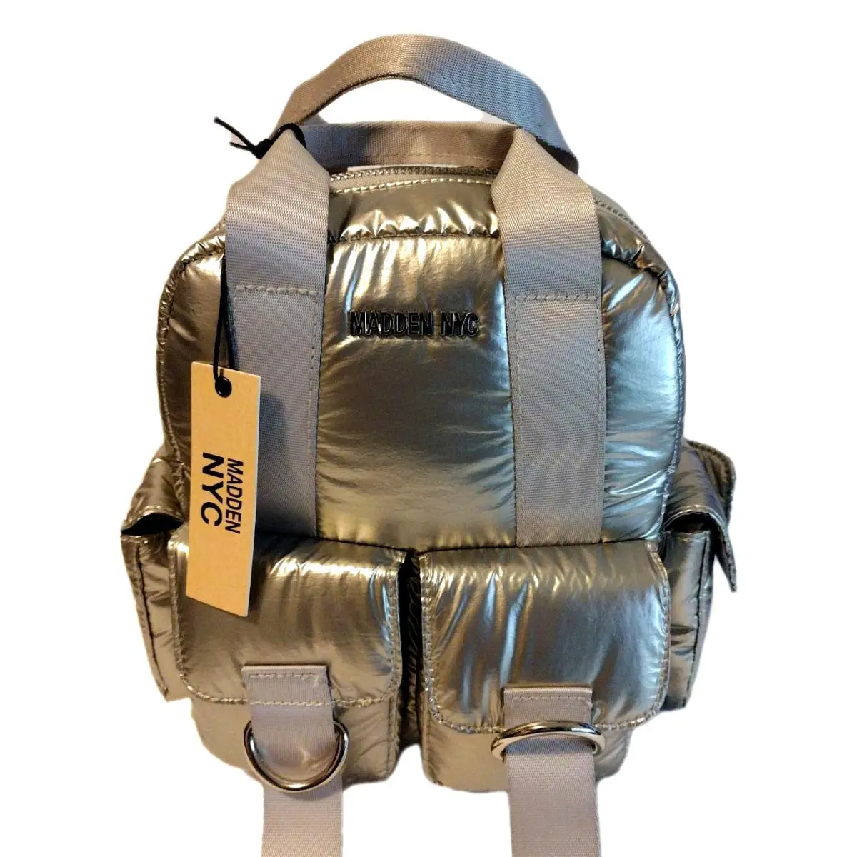 Madden Nyc By Steve Madden Shiny Silver Pluffer Unisex Small Mini Backpack