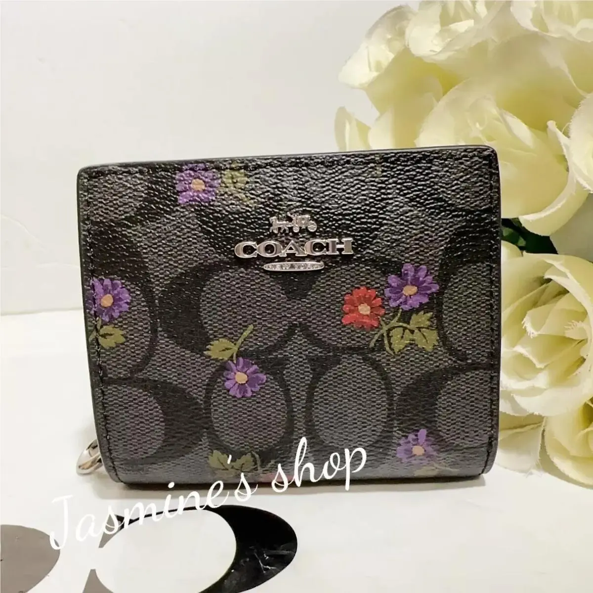 Snap Wallet In Signature Leather with Heart/floral/cherry Print CM973/floral/graphite/deep berry by Coach