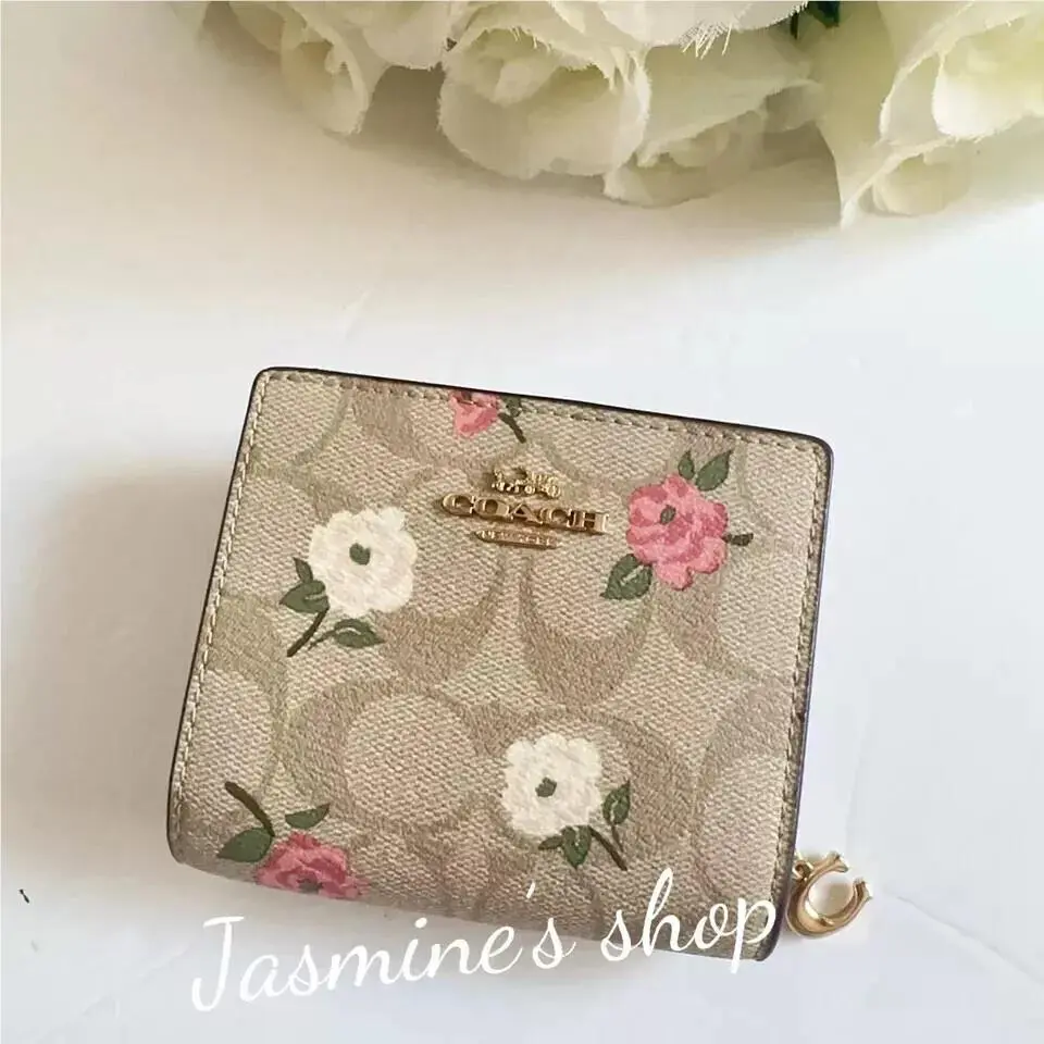 Snap Wallet In Signature Leather with Heart/floral/cherry Print CR969/floral/light khaki multi by Coach