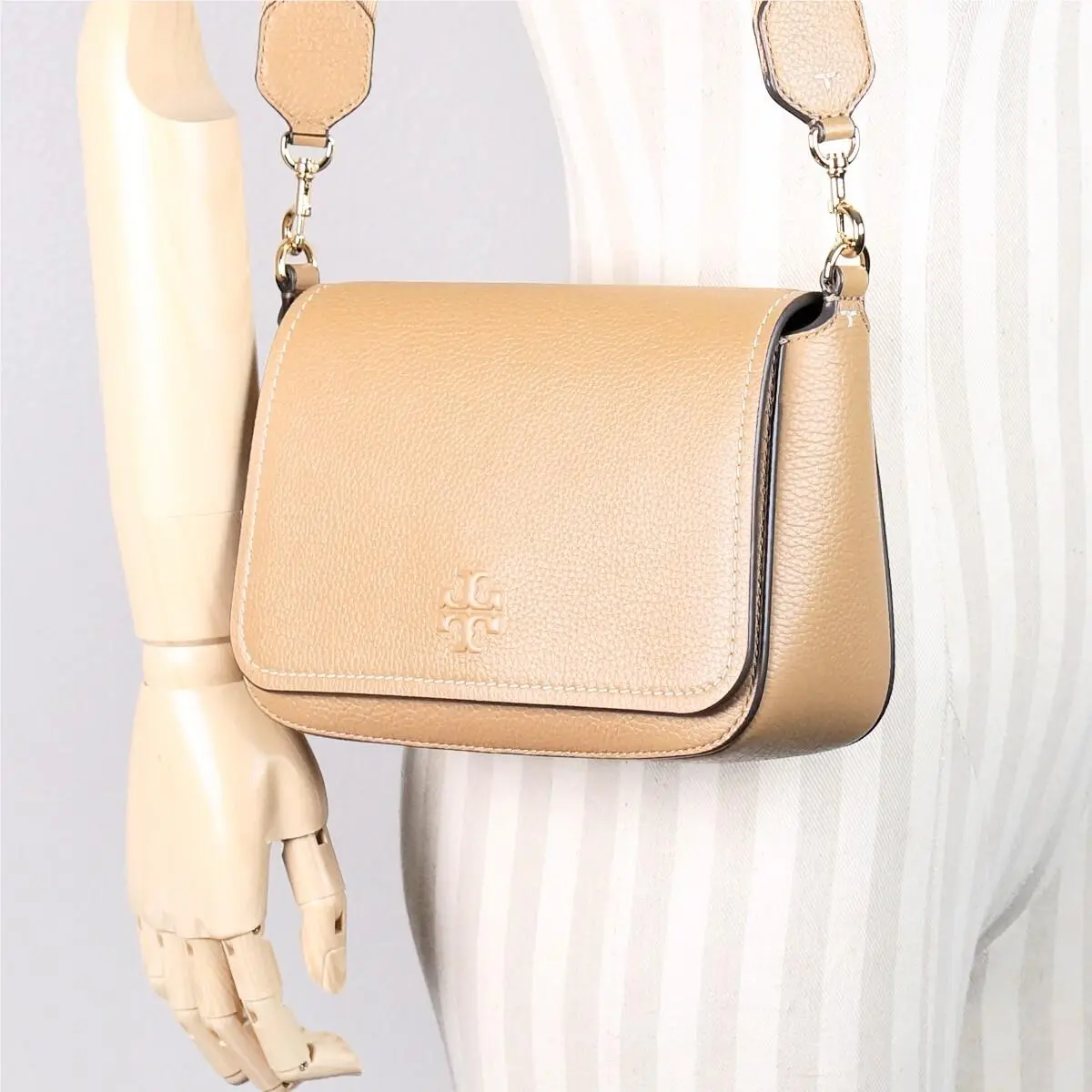 Tory Burch Thea Tiramisu Tan Pebbled Leather Flap Crossbody Shoulder Bag Purse - Handle/Strap: Tan, Hardware: Gold, Exterior: Tiramisu