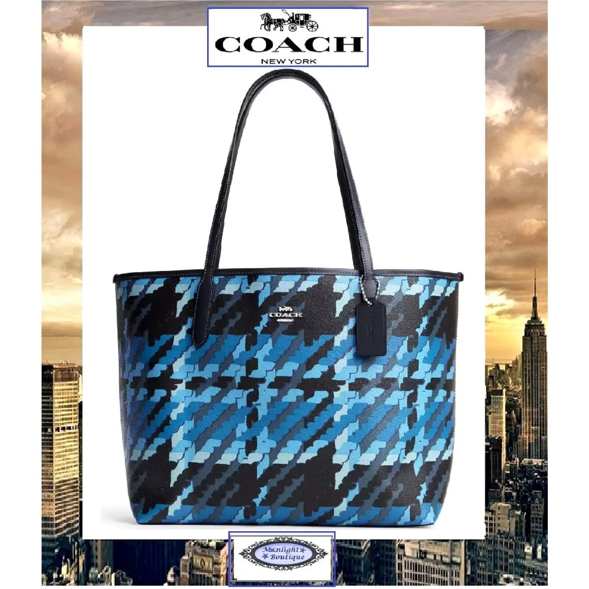 Coach City Tote with Graphic Plaid Print CM160 In Blue Multi Canvas Silver