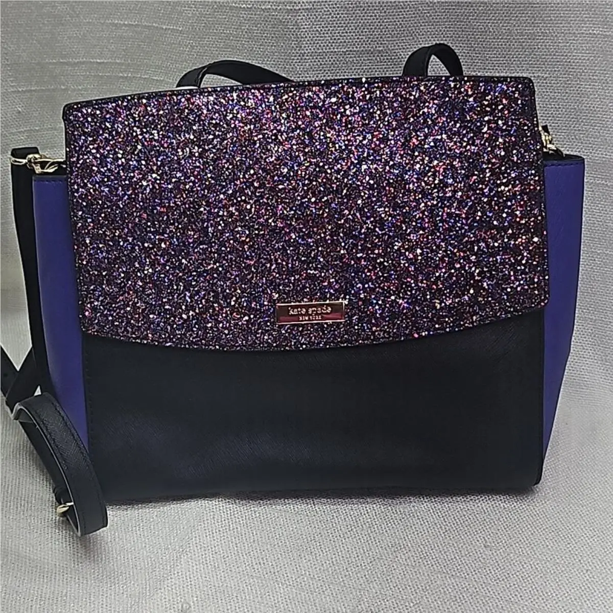 Kate Spade Laurel Way Crossbody Color Block Black Purple Glitter Purse