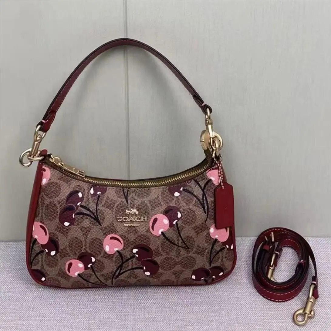 Coach CY694 Teri Shoulder Bag Signature Canvas Cherry Print Tan Brown