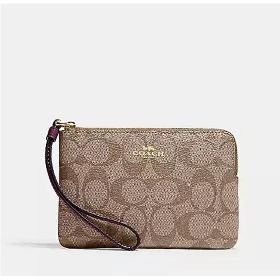 Coach Wallet Wristlet Corner Zip In Signature Canvas Khaki Purple Strap