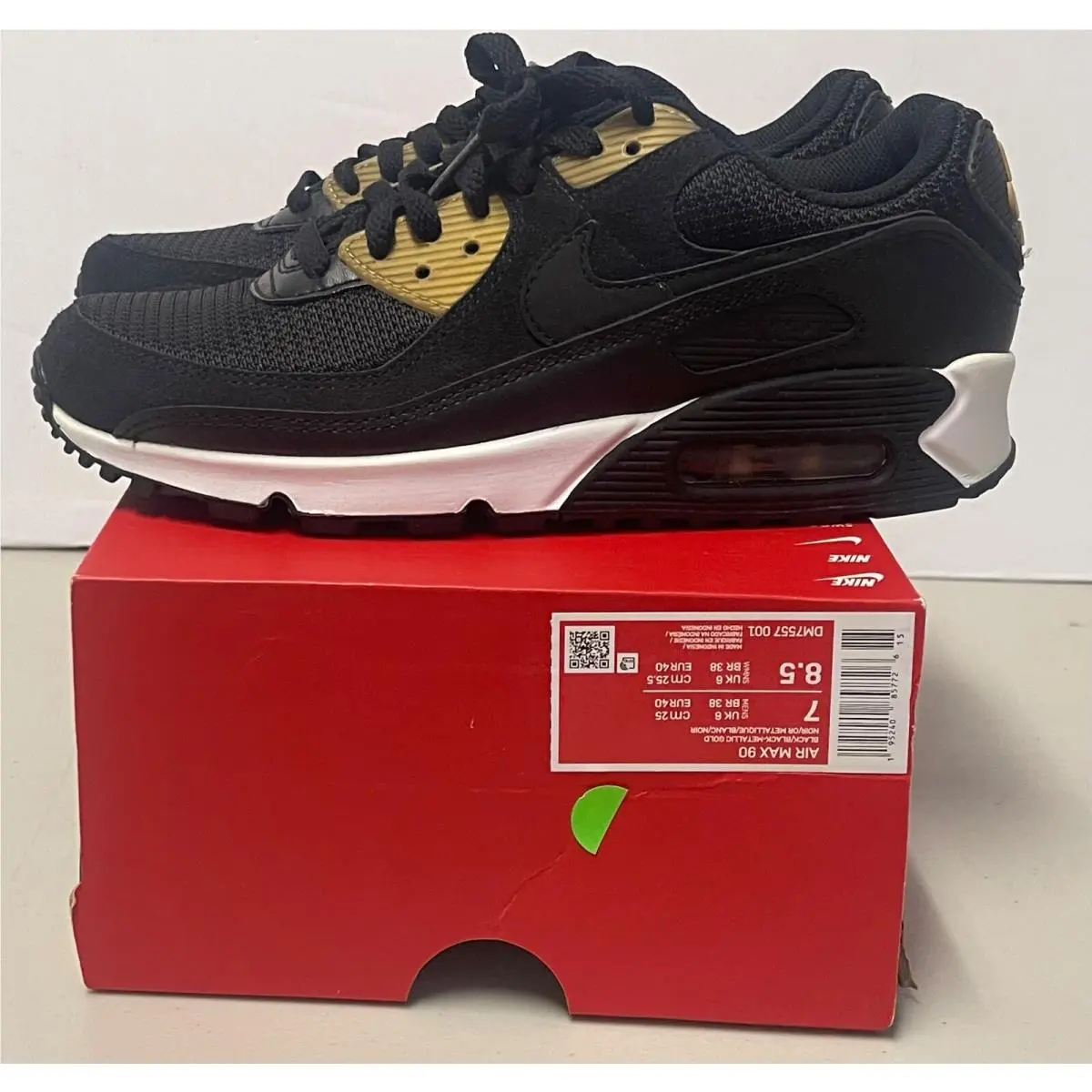 Nike Air Max 90 Black Metallic Gold Men Size 7/ Women Size 8.5 DM7557 001