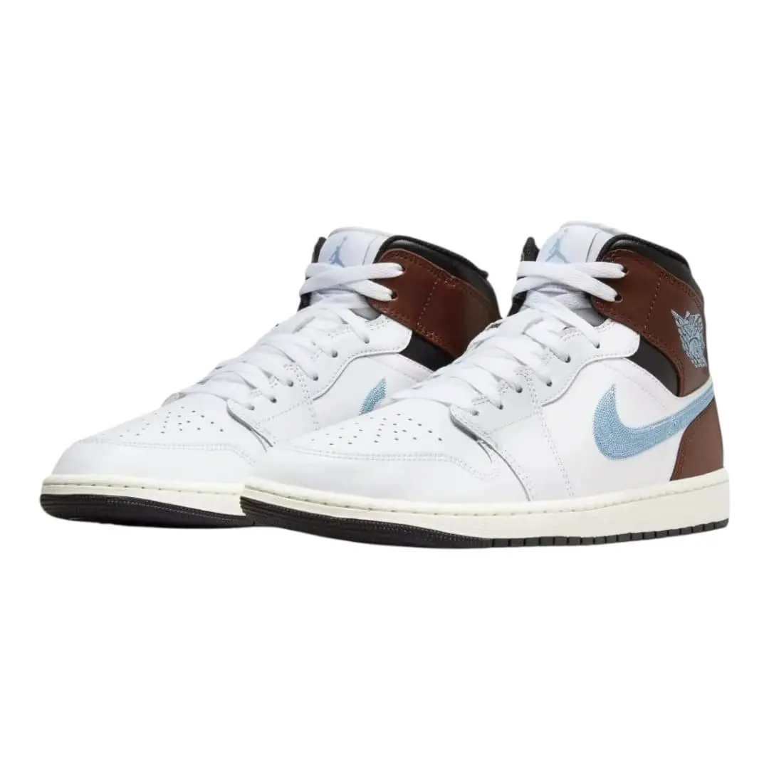 Jordan Nike Air 1 Mid SE Men`s Shoes White/light Blue/brown - Size : 11.5 US