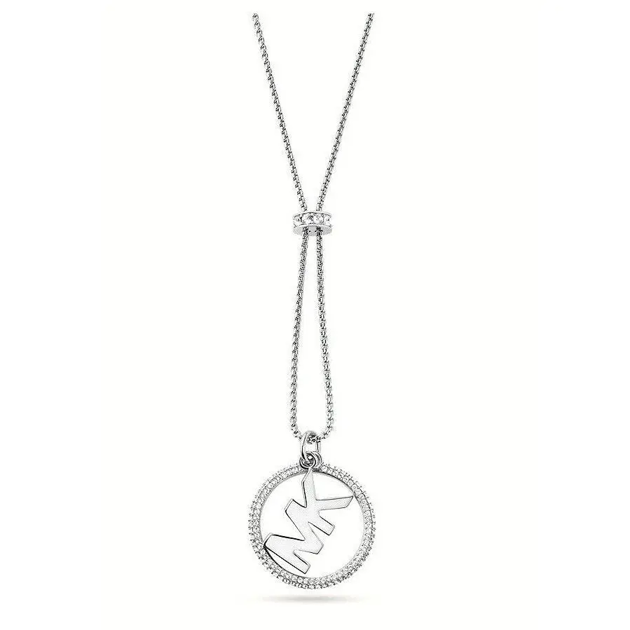 Michael Kors Silver Circle MK Logo Crystals Pave Charm Chain Necklace
