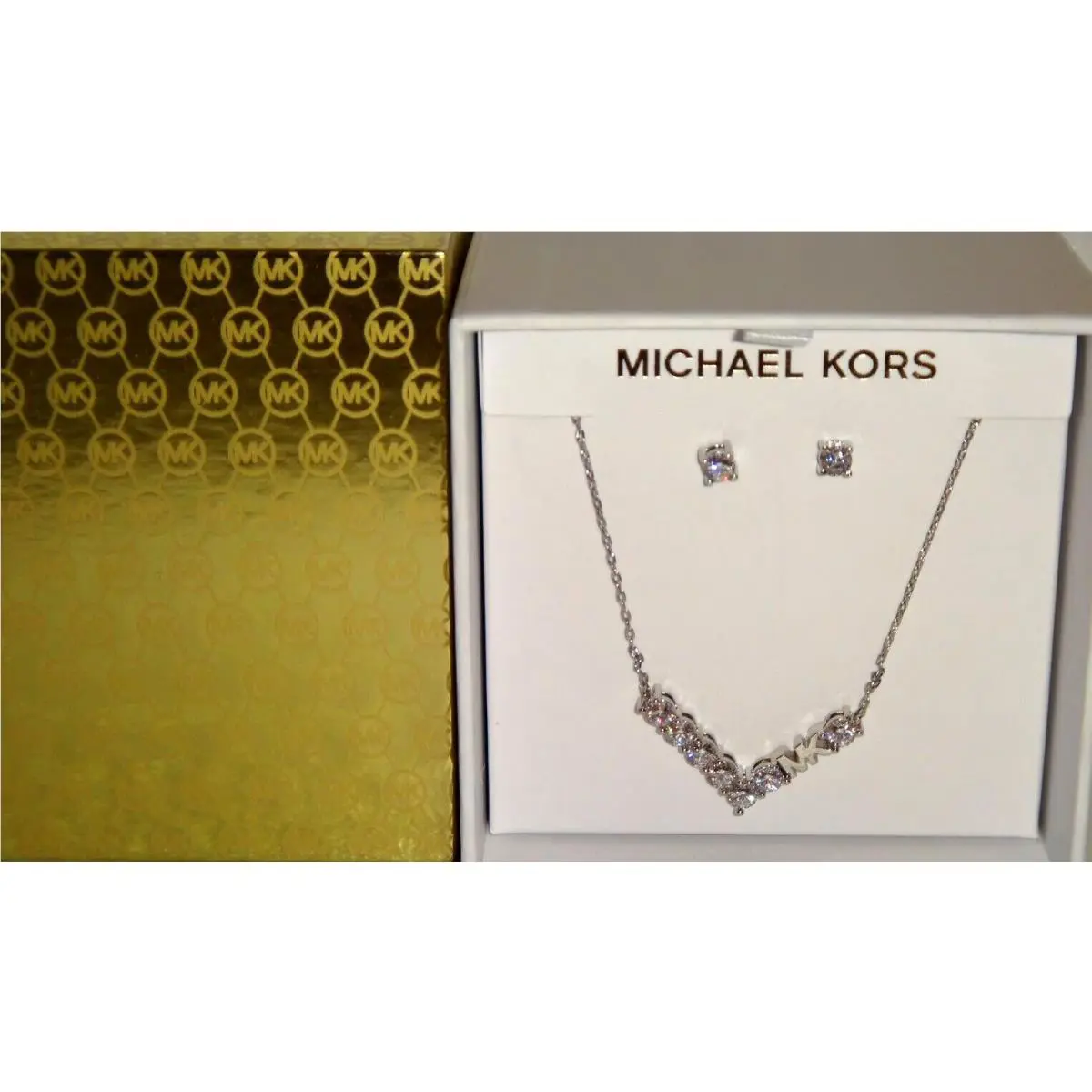 Michael Kors Gift Set Silver Necklace Earrings MK Logo Crystals + MK Box