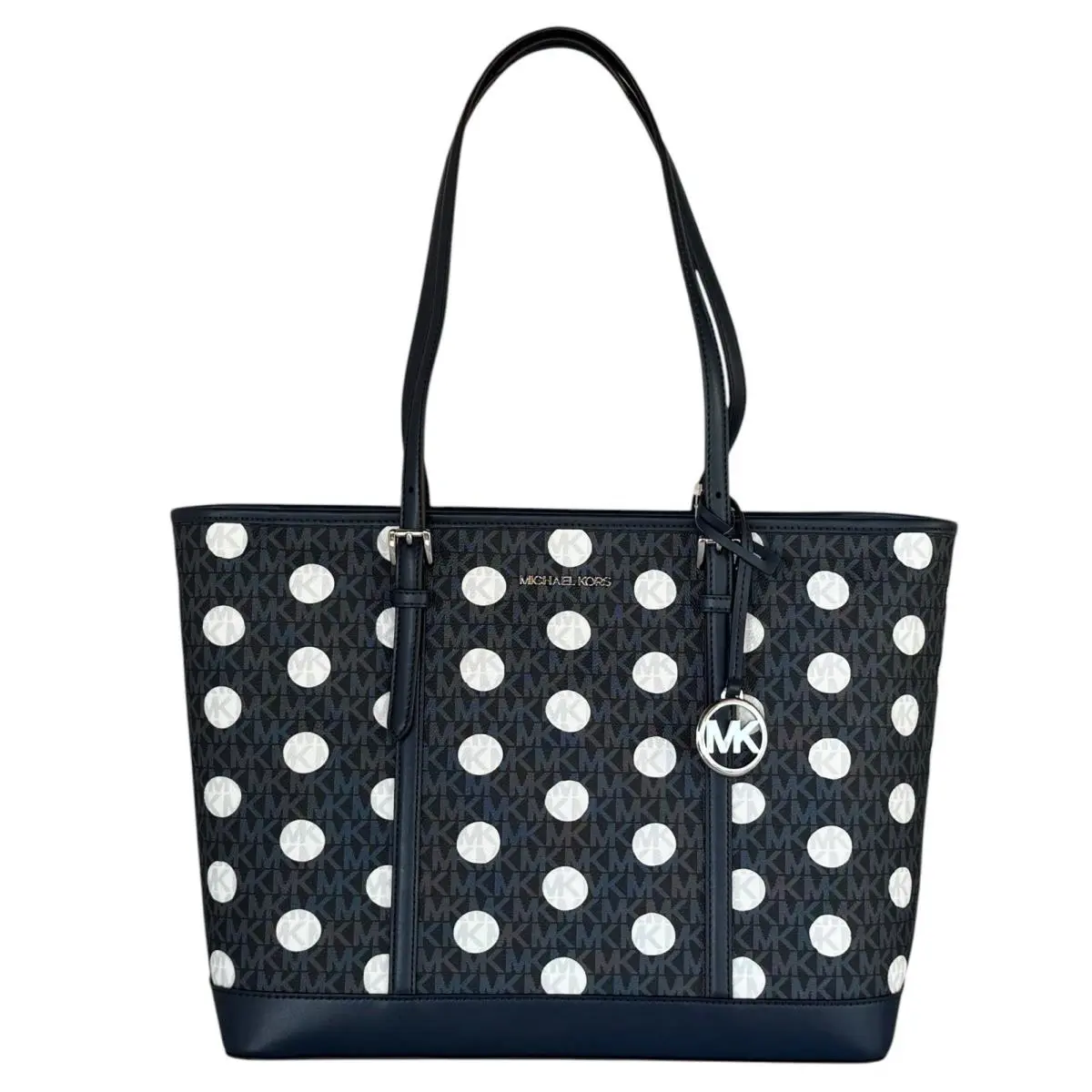Michael Kors Jet Set Travel Large Top Zip Shoulder Tote Bag MK Navy Multi Dots
