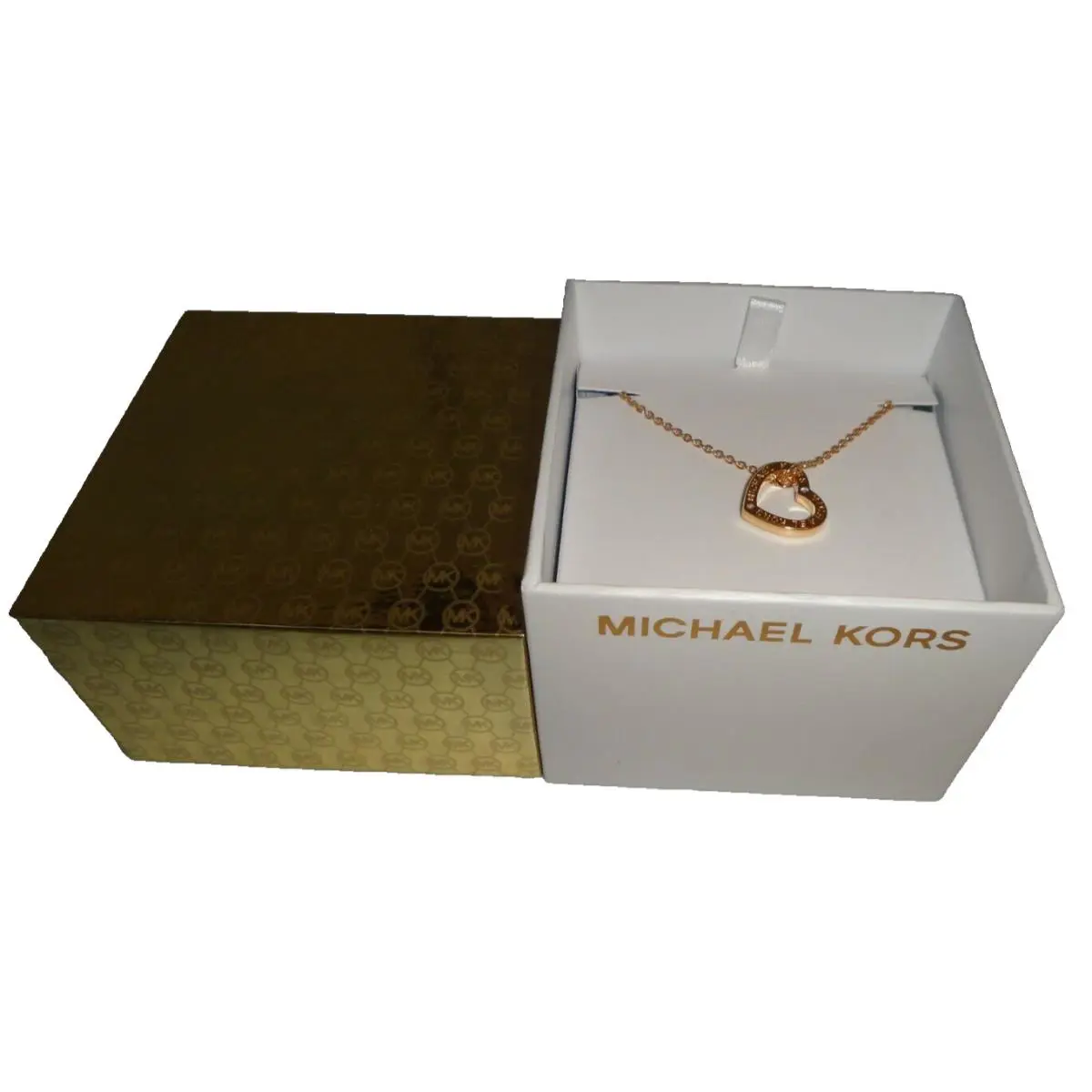 Michael Kors Rose Gold Stainless Steel MK Logo Heart Necklace MKJ7617791 +mk Box