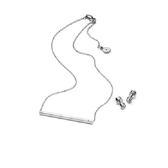 Michael Kors Silver Tone Set OF Bar Charm Necklace+cz Stud Earrings MKJ4676