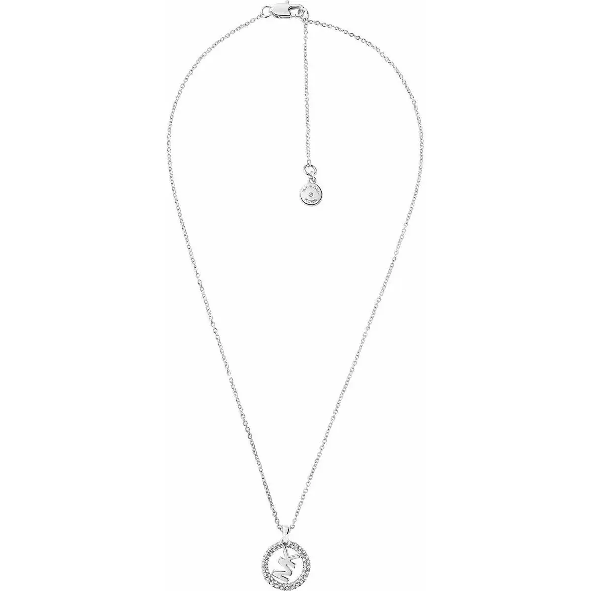 Michael Kors Silver Chain Crystals Logo Hollow Disc 2 Charm Necklace MKJ7326