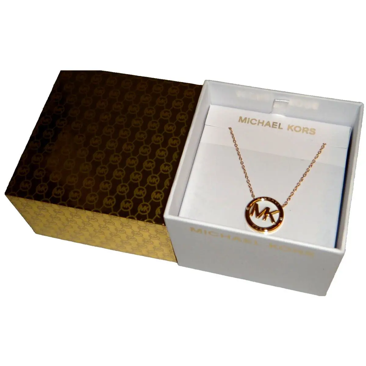 Michael Kors Yellow Gold White Enamel MK Logo Necklace MKJ7871710 + MK Box