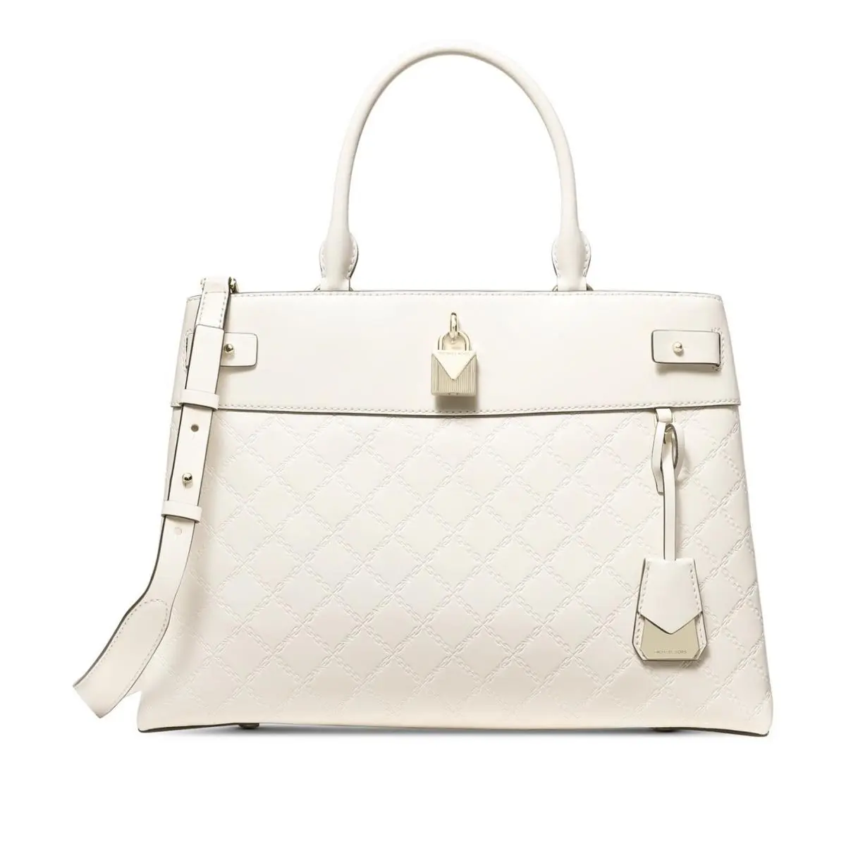 Michael Kors MK Women`s Bag Gramercy Chain Embossed Leather Satchel Cream/gold