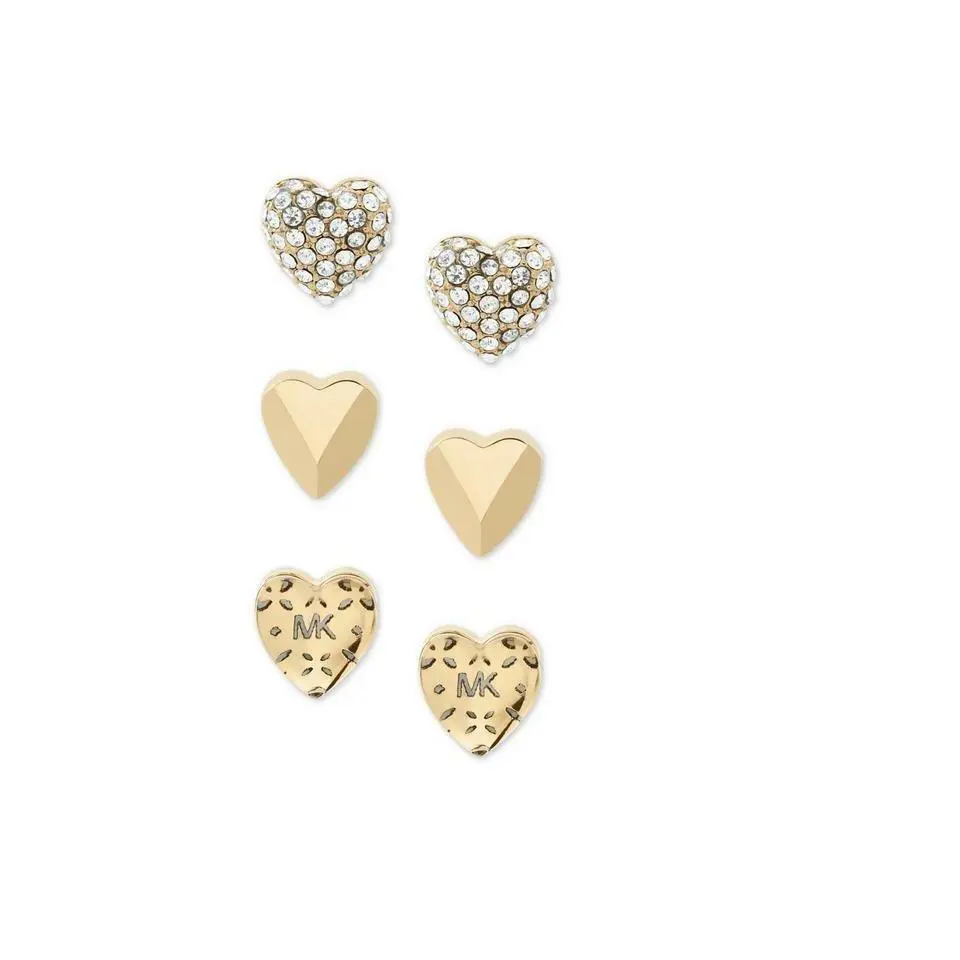 Michael Kors 3 Pairs Set Gold Tone Crystal Pave Stud Heart Earrings MKJ7021