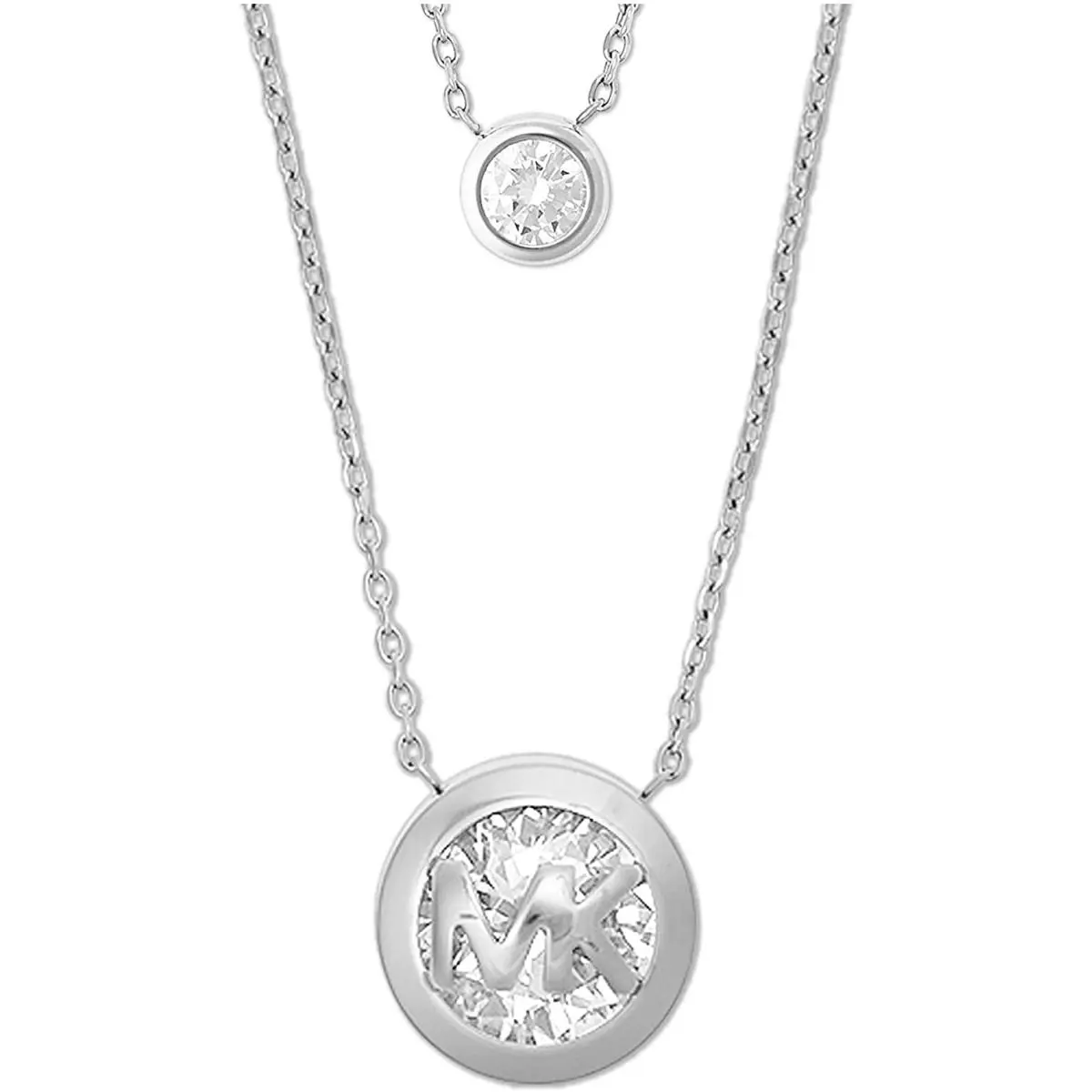 Michael Kors Silver Tone Double Chain Crystal Logo Charm Layered Necklace