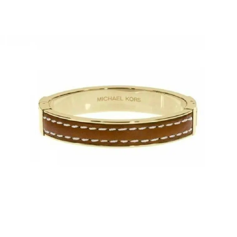 Michael Kors Gold Tone Metal+luggage Brown Leather Bangle Bracelet MKJ2062