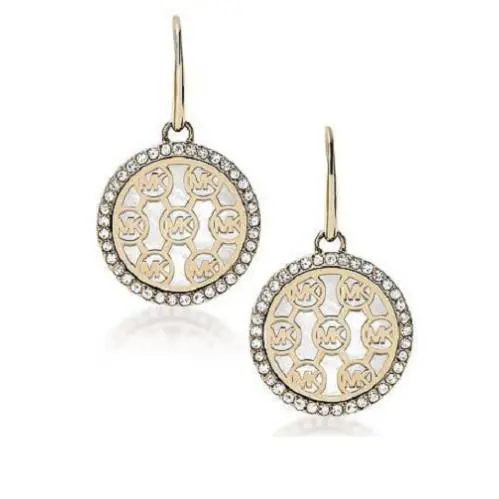 Michael Kors Gold Tone Crystals Trim Mop MK Monogram Drop Earrings MKJ5367