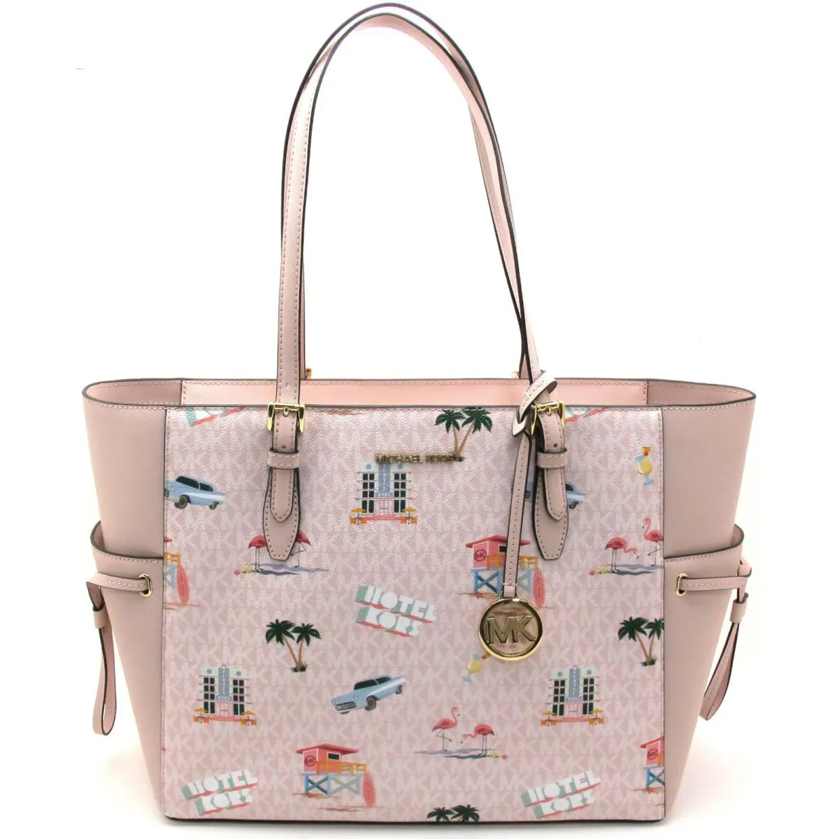 Michael Kors Gilly Lg Travel Tote Palm Tree Flamingo Beach Car Lt Pwdr Blush