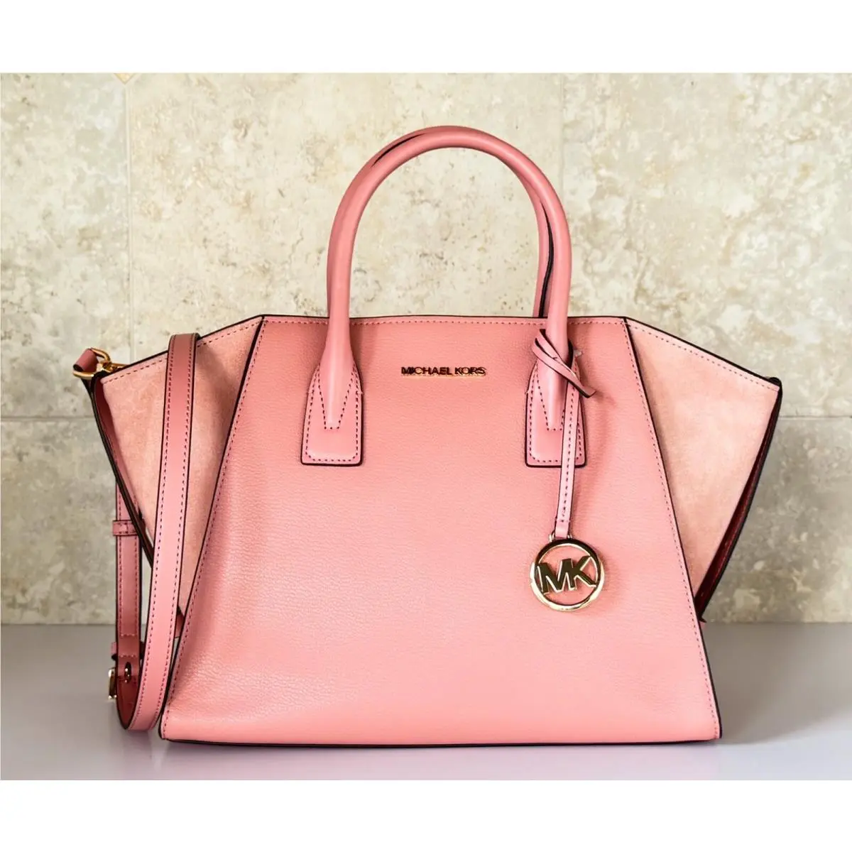 Avril Large Top Zip Satchel Shoulder Crossbody Bag Sunset Rose by Michael Kors