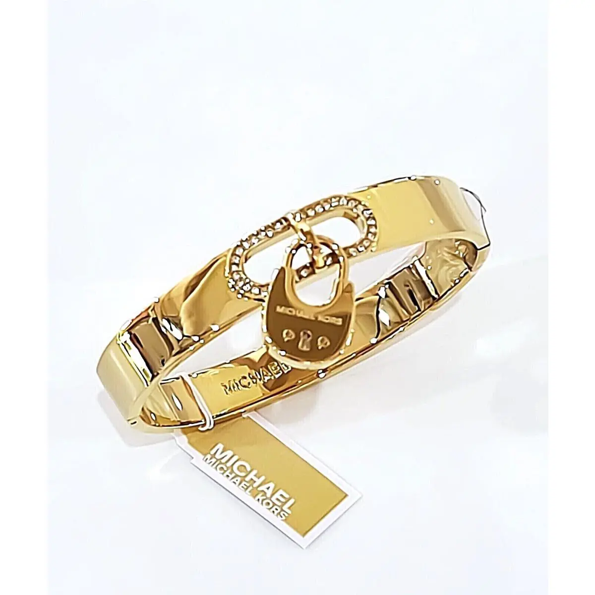 Michael Kors Brand Gold Pave Crystals Padlock Charm Bangle Bracelet