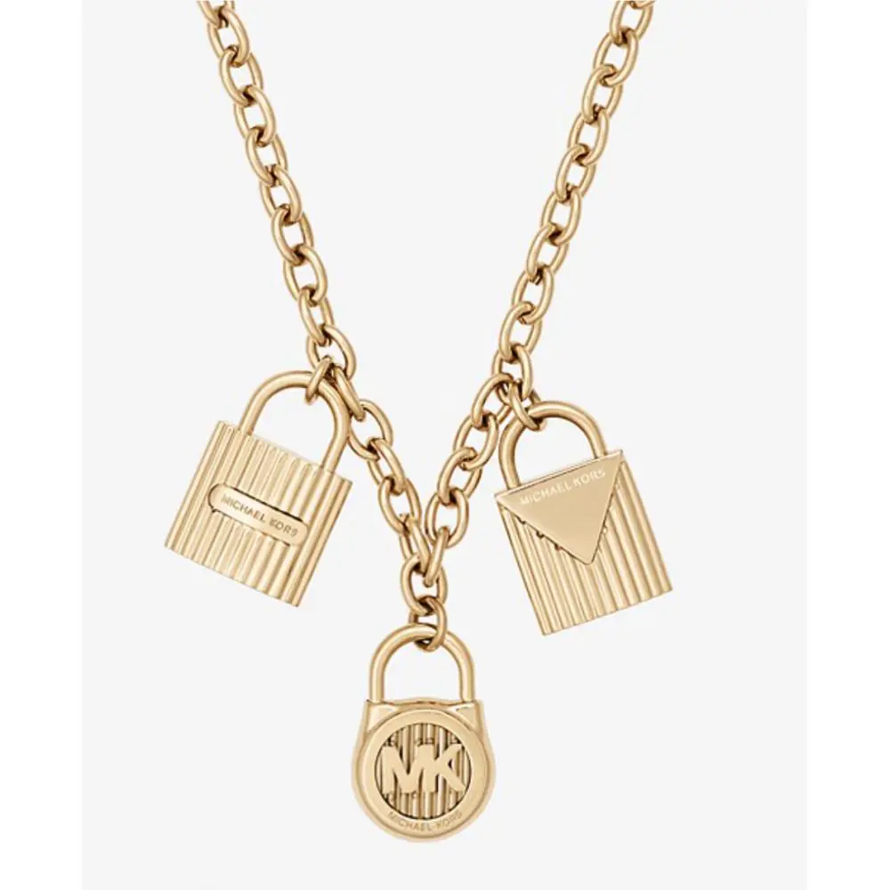 Michael Kors Gold Tone Chain Link 3 Padlock Charms Necklace MKJ6821