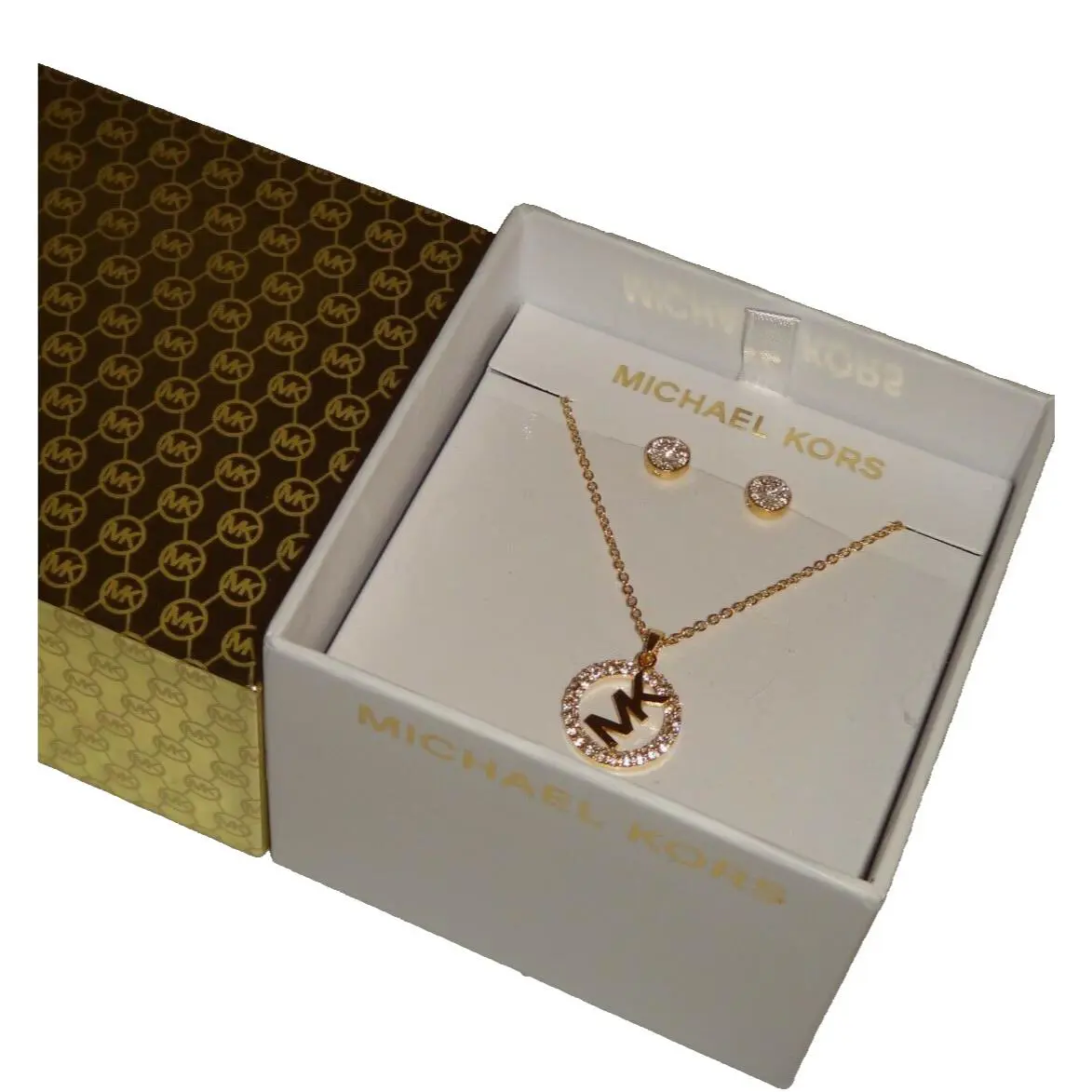 Michael Kors Gift Set Rose Gold MK Logo Necklace Earrings Crystals + MK Box