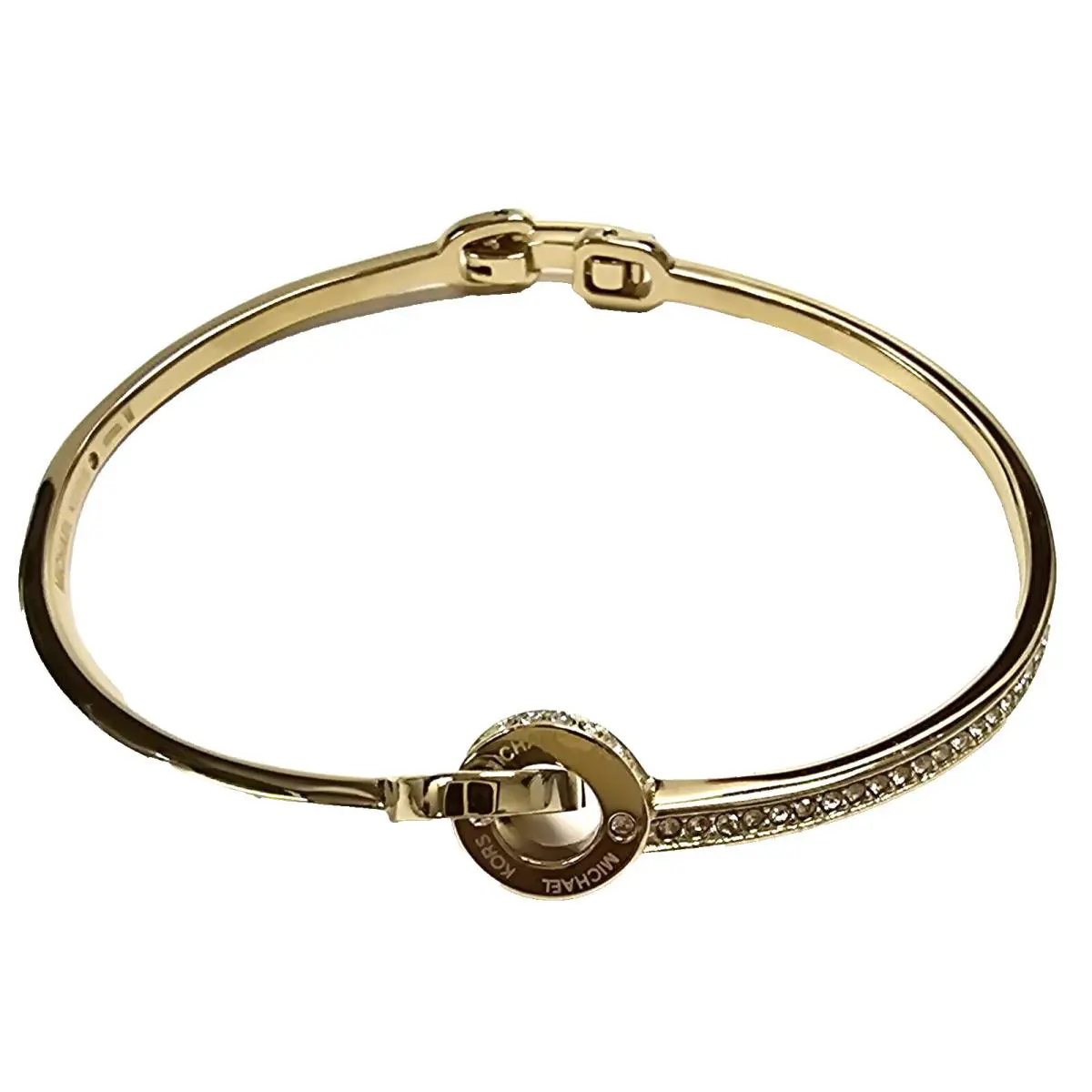 Michael Kors Gold Tone Interlocking Ring Crystals Logo Brass Bangle Bracelet
