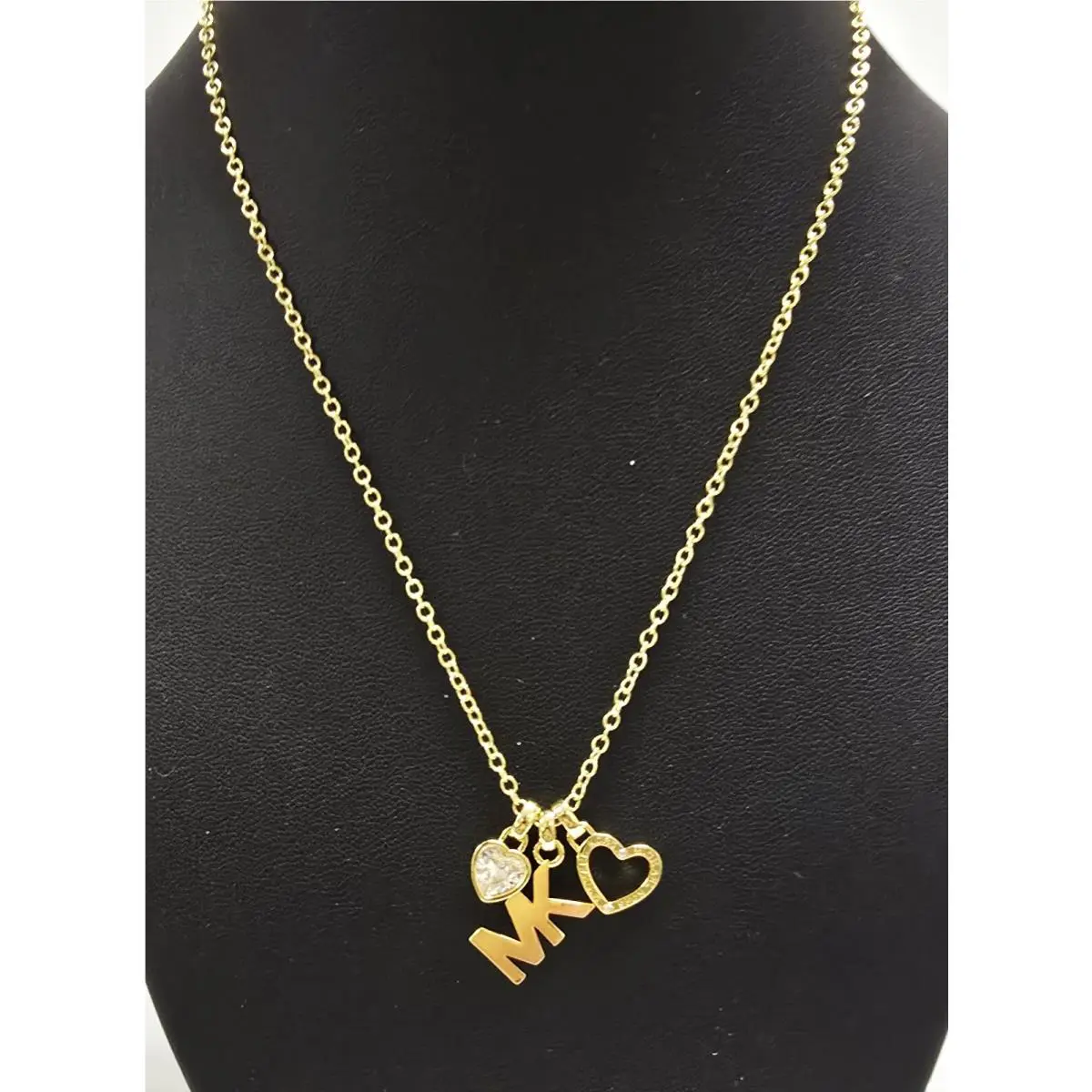 Michael Kors Gold Chain Crystals Heart Logo Hollow Heart Charm Necklace MKJ7798