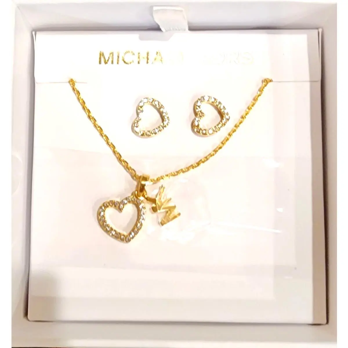 Michael Kors Set OF Gold Tone+crystal Heart Shape+mk Necklace Earrings MKJ7813