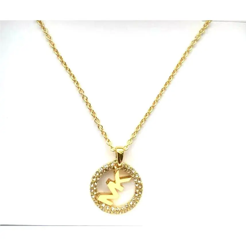 Michael Kors Gold Chain Crystals Logo Hollow Disc 2 Charm Necklace MKJ7325