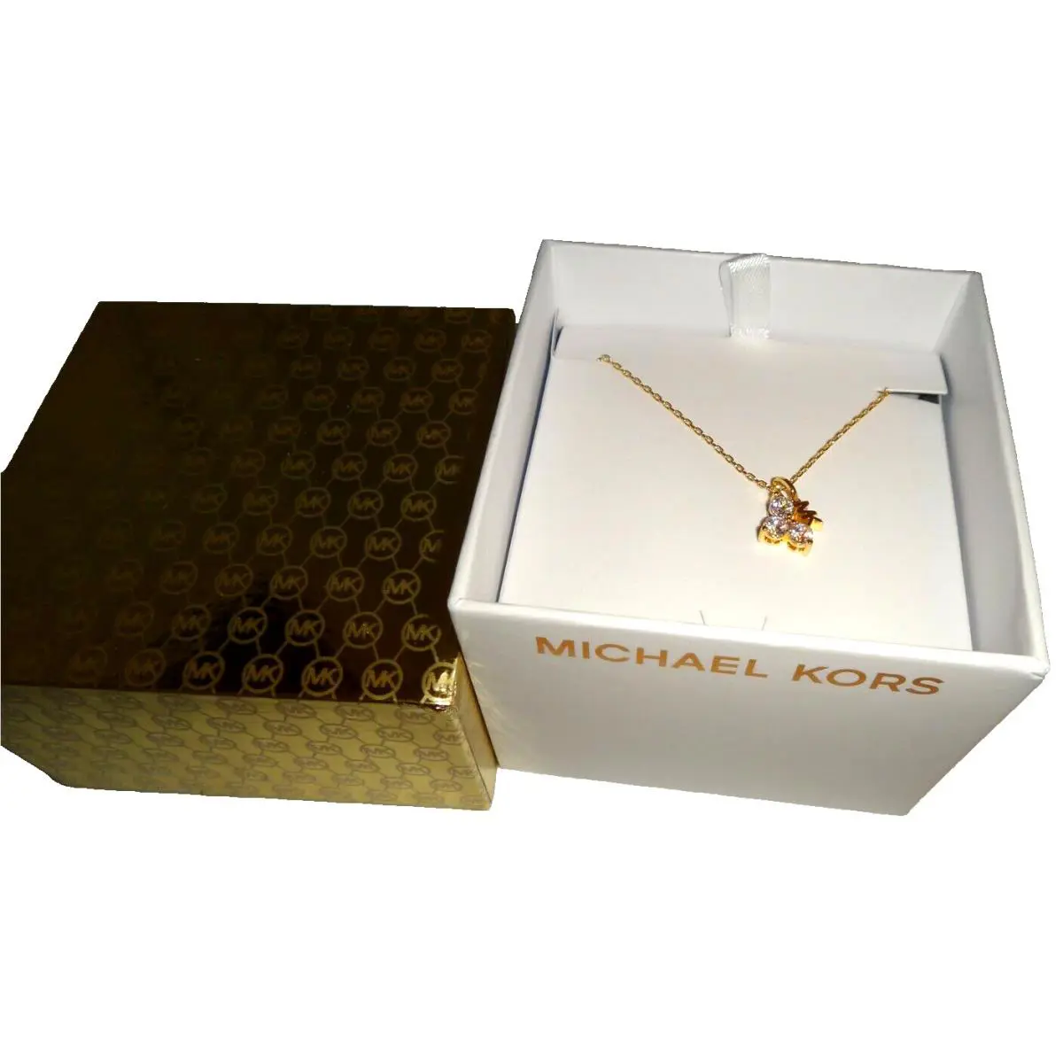 Michael Kors Yellow Gold Necklace MK Logo 3 Single Crystals MKJ7304710+ MK Box