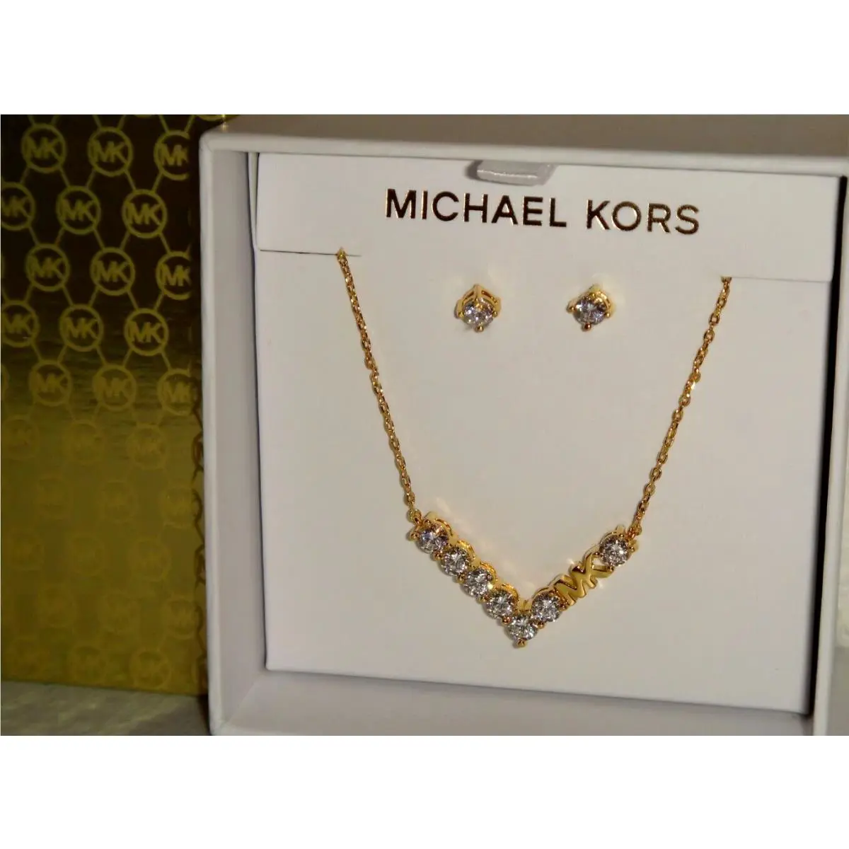 Michael Kors Gift Set Rose Gold Necklace Earrings MK Logo Crystals + MK Box