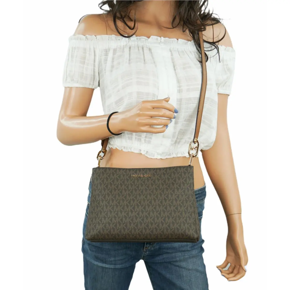Michael Kors Trisha M Triple Compartment Crossbody Shoulder Bag MK Brown