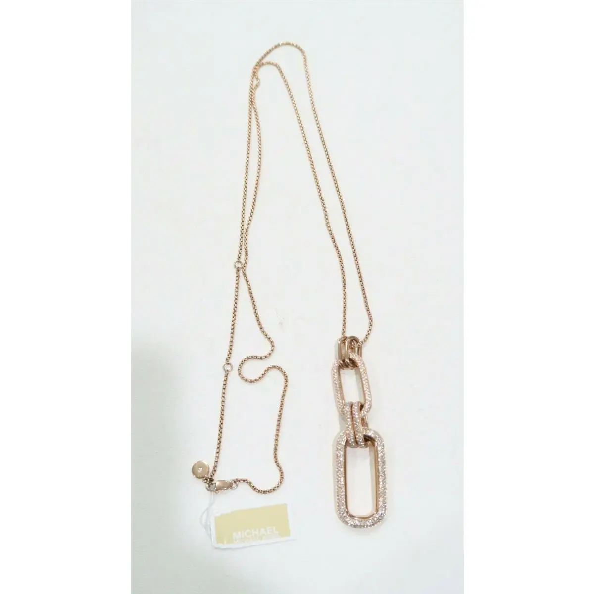 Michael Kors Long Iconic Links Rose Gold Pendant Necklace with Pave Stones