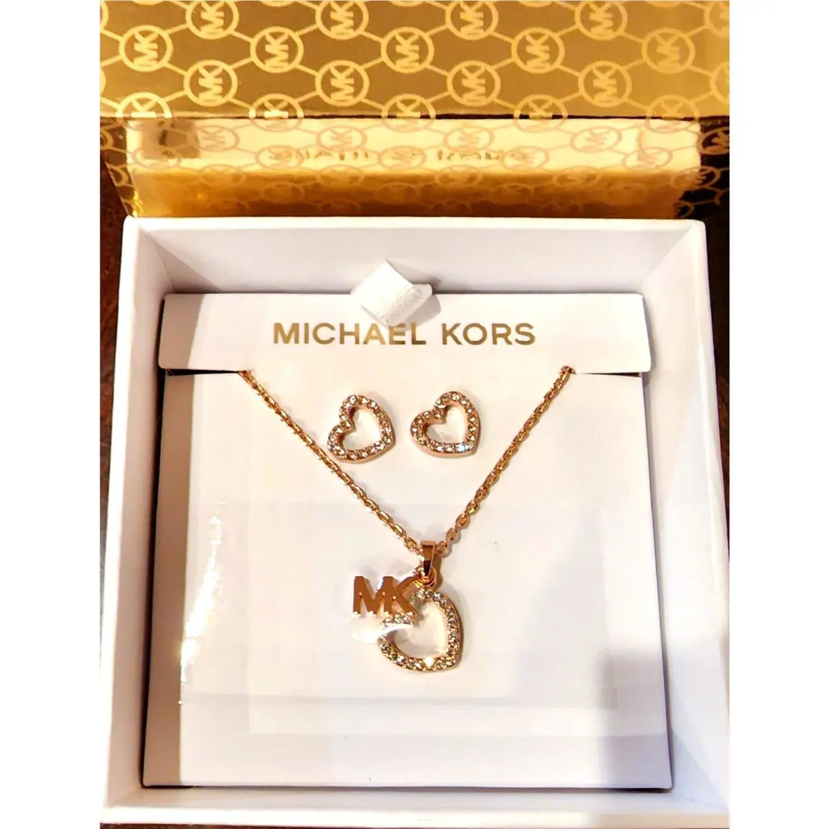 Michael Kors Set OF Rose Gold Crystal Heart+mk Necklace Heart Earrings MKJ7815