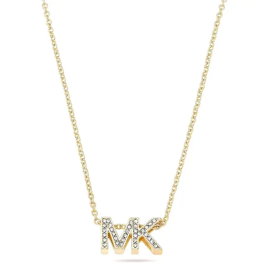 Michael Kors Gold Tone Chain Crystal Pave MK Logo Pendant Necklace MKJ8024