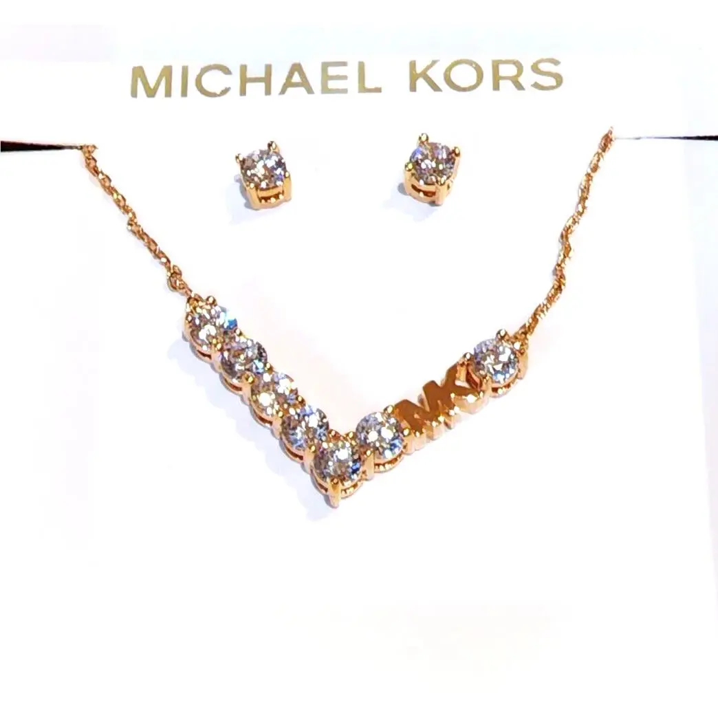 Michael Kors Set OF Rose Gold Tone Crystal Logo Necklace Stud Earrings MKJ7457