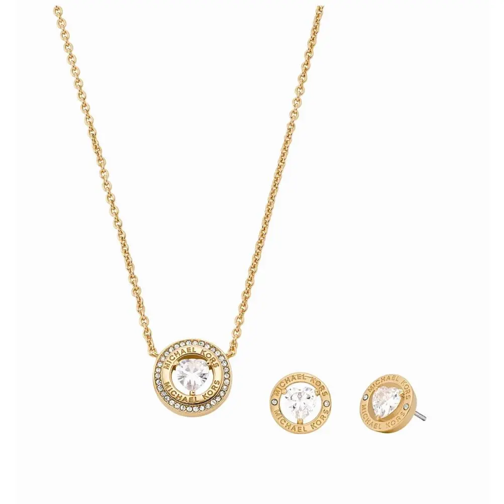 Michael Kors Set OF Gold Tone Heart Shape Crystal Necklace Earrings MKJ8264SET