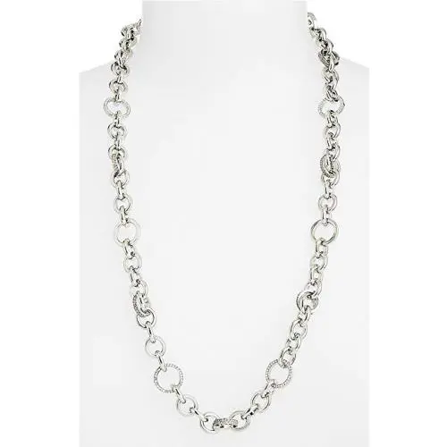 Michael Kors Silver Tone Long Chain Link Crystals MK Charm Necklace MKJ3458