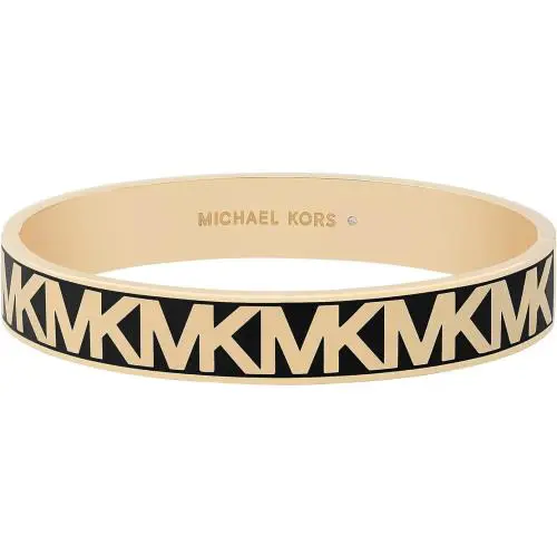 Michael Kors Polished Gold Tone Black Logo `mk` Hinge Bangle Bracelet MKJ8110