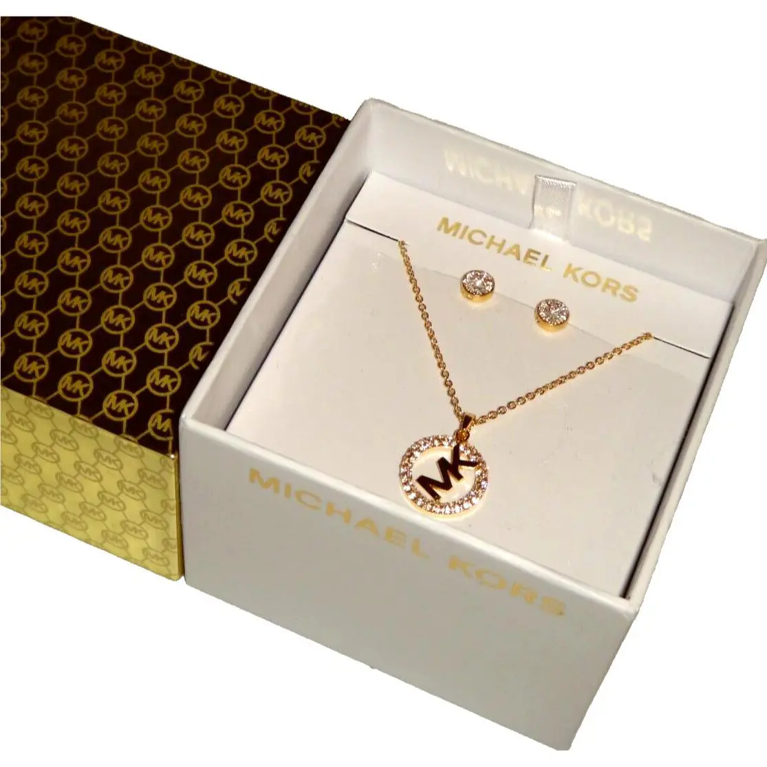 Michael Kors Gift Set Yellow Gold MK Logo Necklace Earrings Crystals + MK Box