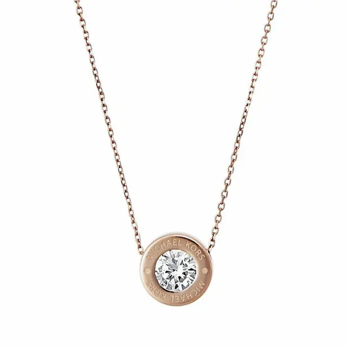 Michael Kors Rose Gold Tone Chain Disc Crystal Pendant Necklace MKJ5342