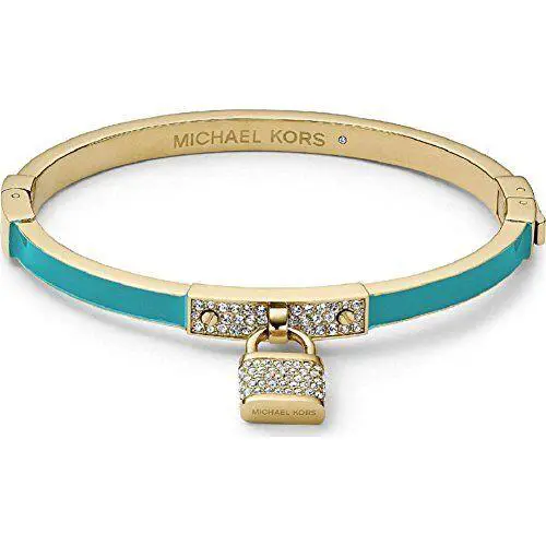 Michael Kors Gold Tone Turquoise Enamel Pave Padlock Bangle Bracelet MKJ3303