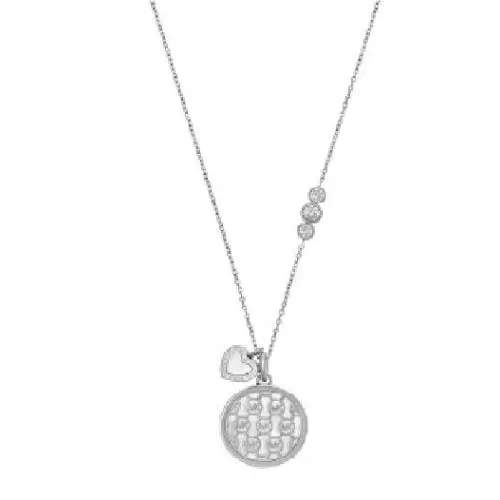 Michael Kors Silver Tone MK Monogram Heart Charm Mop Crystals Necklace MKJ5640